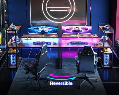ODK Reversible Gaming Desk with Power Outlets and LED Lights, 48 Inch Computer Desk with Storage Shelves and Monitor Stand, Modern Writing Study Desk for Home Office, Rustic Brown