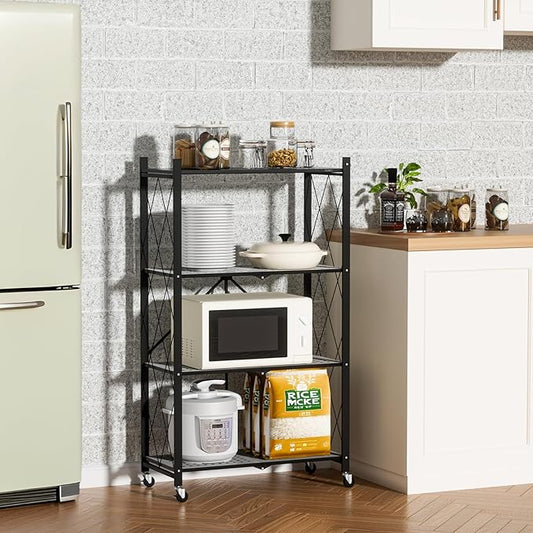 ALANNG Storage Shelves with Wheels, Bookshelf with Storage, No Assembly Metal Rack Cart for Kitchen, Office, Laundry, Garage (4 Tier, Black)
