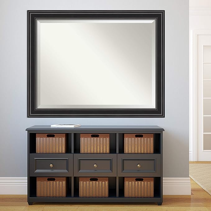 Amanti Art Black Bathroom Mirror for Over Sink, 36x46 Ridge Black Rectangle Vanity Mirror, X-Large Traditional Frame, Hangs Horizonally and Vertically, Bathroom Wall Decor, Beveled Edge