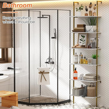Ladder Shelf 6 Tiers Marble White Modern Bookshelf Open Tall Wall Mount Bookcase Standing Leaning Wall Shelves Industrial Decorative Living Room Bed Room