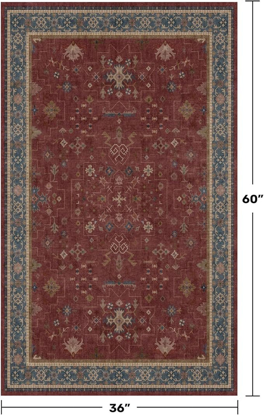 Washable 3x5 Entry Way Rugs Indoor - Burgundy Large Kitchen Rug, Non Slip Unique Bohemian Red Low Pile Thin Carpet for Bedroom Bedside, Foyer