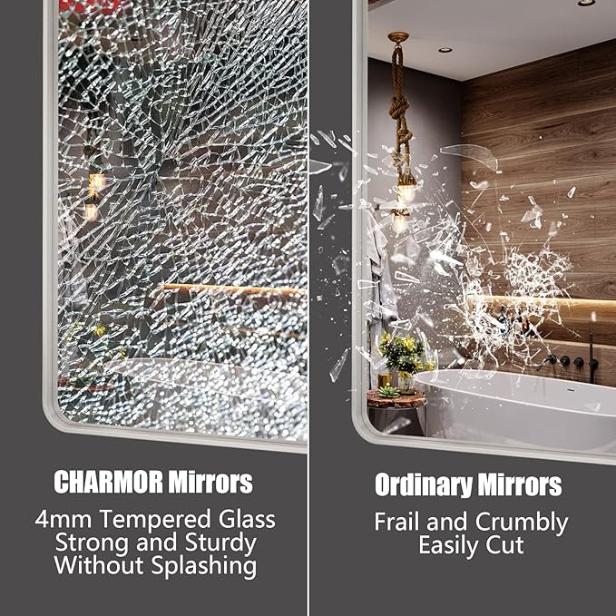 44x36 Silver Brushed Nickel Bathroom Mirror for Wall, Rounded Rectangle Silver Framed Bathroom Vanity Mirror, Anti-Rust, Shatterproof, Hangs Horizontally or Vertically