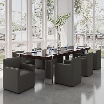Manhattan Comfort Anna Square Modern Dining Chair with Arms, Head-to-Toe Faux Leather Upholstered Accent Armchair with Plastic Foot Padding, Set of 2, Pewter
