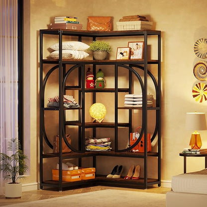 LITTLE TREE Large Corner Bookshelf Industrial Bookcase for Living Room Home Office,Brown