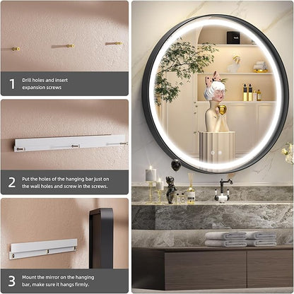 Hasipu 28 Inch Round LED Mirror for Bathroom with Lights, Black Circle Vanity Mirror for Wall, Metal Framed Frontlit Bathroom Mirrors Anti-Fog, Dimmable, 3 Colors Makeup Mirror Wall Mounted