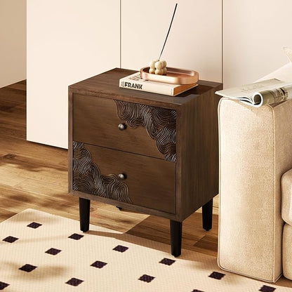 COSIEST Nightstand Set of 2, Mid Century Modern End Table with 2 Storage Drawers, Accent Side Table, Vintage Wood Luxury Night Stand for Bedroom, Living Room, Walnut