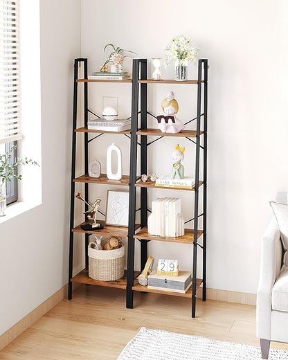 Ladder Shelf, Bookshelf Bookcase, Freestanding Corner Storage Shelve with 2 Hooks for Home Office, Living Room, Kitchen, Bedroom, Industrial, 5-Tier Rustic Brown BC19201B