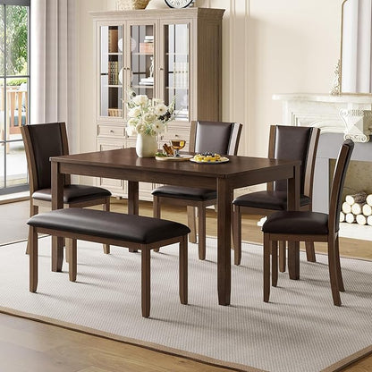 Ball & Cast 6 Piece Dining Table Set with 4 Upholstered Chairs & 1 Bench,Farmhouse Wooden Living Room Furniture for 6 W/ 58.5" Rectangle Kitchen Desk,for Restaurant,Home Bistro,Dining Room,Dark Walnut