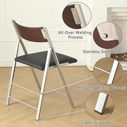 Folding Chairs with Cushion 2 Pack - Heavy Duty Steel Frame Foldable Dining Chairs, Waterproof Leather Indoor Outdoor Comfortable Folding Chairs for Home, Conference Rooms, Weddings, Events (Black)