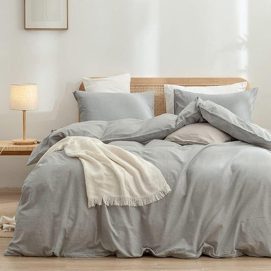 BESTOUCH Duvet Cover Set 100% Washed Cotton Linen Feel Super Soft Comfortable Chic Lightweight 3 PCs Home Bedding Set Solid Light Grey Oversized Full