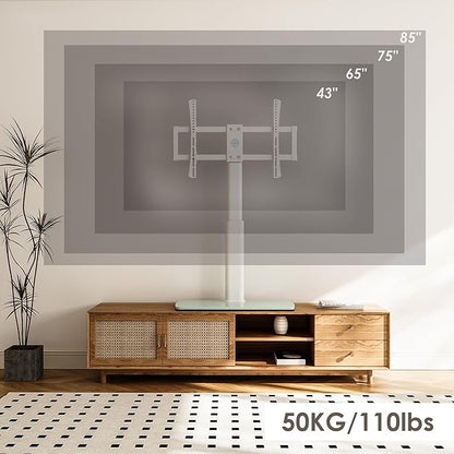 FITUEYES Universal TV Stand, Swivel TV Table Stand for 43 50-65 70 75 80 85Inch Flat Screen, Table Top TV Stand Base Replacement, Height Adjustable TV Mount Stand, Glass Base, Max Holds 110lbs