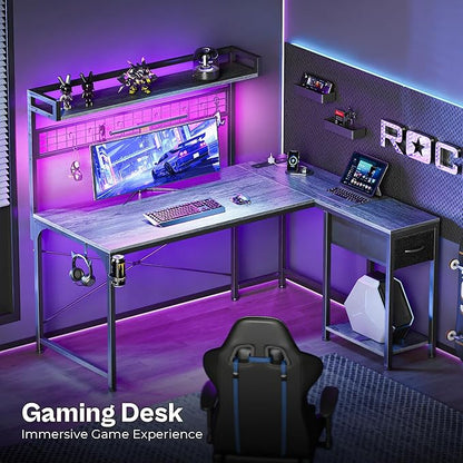 PRAISUN L Shaped Gaming Desk with Shelves, Corner Computer Table with LED Lights, Power Outlets and USB-C Ports, 50 Inch Reversible Home Office Desk with Storage Drawer, for Work and Study, Grey