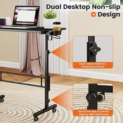 Hadulcet Small Standing Desk Adjustable Height, Mobile Stand Up Desk with Wheels, Portable Walking Pad Table Stand, Rolling Laptop Cart for Standing or Sitting, Black
