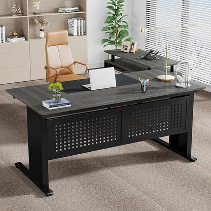 Tribesigns 63 Inch Executive Desk with File Cabinet, Large Office Desk L Shaped Computer Desk with Drawers and Storage Shelves, Business Furniture Desk Workstation for Home Office, Gray and Black