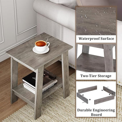 End Table, Set of 2, Side Table with 2-Tier Storage Shelf, Sofa Table for Small Space, Square Nightstand for Entryway, Farmhouse, Living Room, Easy Assembly, Grey