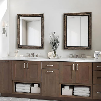 YOSHOOT Farmhouse Bathroom Mirror, Rustic Wood Mirror, Wooden Framed Vanity Mirror, Solid Wood & Handmade, Vertical or Horizontal Hanging for Bathroom Entryway Living Room Bedroom, 32" x 24", Brown