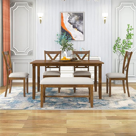 Ball & Cast 6 Piece Dining Table Set with 4 "X-Shaped Curved Backres Fabric Chairs & 1 Bench,Living Room Furniture W/ 60" Rectangle Kitchen Desk,for Restaurant,Home Bistro,Natural Cherry