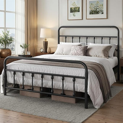 Queen Bed Frame-Classic Metal Platform Bed Frame Mattress Foundation with Victorian Style Iron-Art Headboard/Footboard/Storage Space/No Box Spring Needed/Black