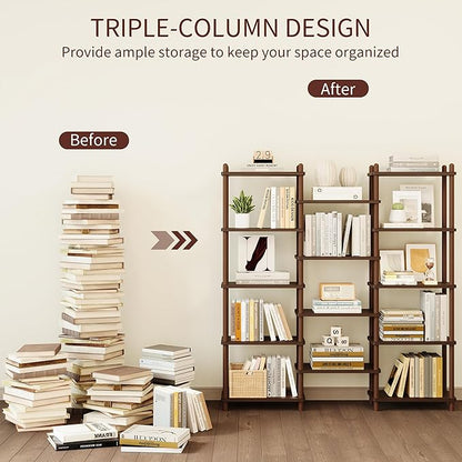 IOTXY Wooden Triple Wide Bookshelf - 5-Tier Large Shelf Bookcase with Solid Beech Frame, Tall Freestanding Open Etagere Display Rack for Home Office, Walnut