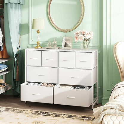 WLIVE Dresser for Bedroom with 8 Drawers, Wide Fabric Dresser for Storage and Organization, Bedroom Dressers, Chest of Drawers for Living Room, Closet, Hallway, White