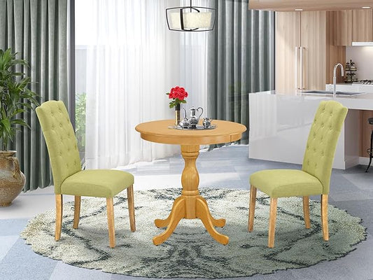 East West Furniture ESCE3-OAK-07 3 Piece Dinette Set for Small Spaces Contains a Round Dining Table with Pedestal and 2 Limelight Linen Fabric Upholstered Chairs, 30x30 Inch, Oak