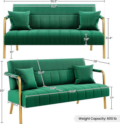 Yaheetech 56.5" W Modern Sofa Small Sofa Luxurious Velvet Fabric Couch with Gold-Tone Metal Arms and Legs for Living Room, Home Office, Studio Green