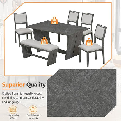 Merax 6-Piece Retro Dining Set, 1 Rectangular Table with Stable Trapezoidal Table Base and 4 Upholstered Chairs and 1 Bench for Dining Room and Kitchen, Antique Gray