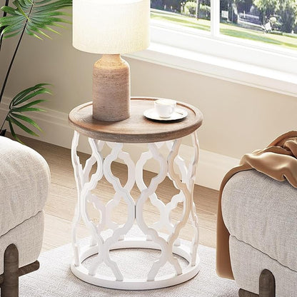 Farmhouse End Table, 18.5'' French Country Round Side Table, Distressed Tray Top Wood Side Table with Curved Motif Frame Base for Boho, End Tables Living Room, Bedroom, Small Space, Easy Assembly
