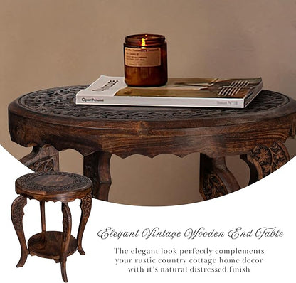 The Wooden Town Farmhouse Round Accent End Table,Rustic Side Table Nightstands for Living Room Bedroom,Coffee Tables,Wood Tray Top,Handcrafted Finish, 18"x22" - Burnt