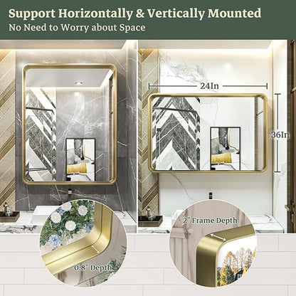 TokeShimi Gold Bathroom Mirror for Wall 24 x 36 Inch Metal Rounded Corner Rectangle Mirror Wall Mirror Metal Frame Deep Set Design Hangs Horizontal Or Vertical Rustic Mirror