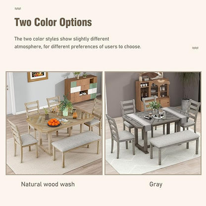 Merax 6-Piece Rubber Wood Dining Table Set with 4 Cushioned Chairs and Bench, Beautiful Wooden Grain Pattern Tabletop, Grey