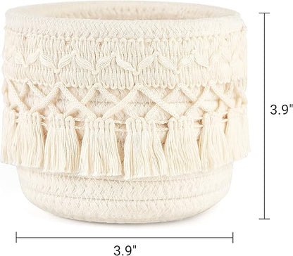 Mkono Macrame Makeup Brush Holder Organizer Comb Brushes Mini Storage Basket Set of 2 Boho Decor Baskets for Pen Pencil Box Container ,Ivory