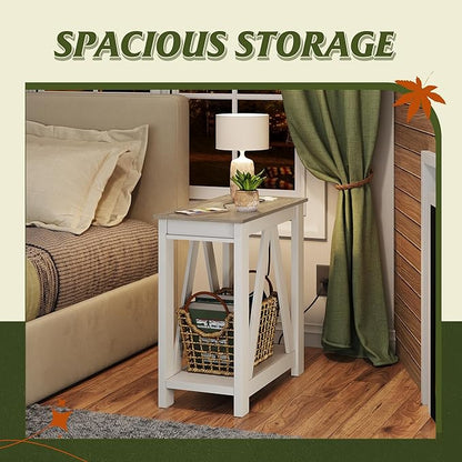 WLIVE Farmhouse End Table, Narrow Side Table with Charging Station, Slim End Table, Side Table for Bedroom, Living Room, Small Spaces, with 2 USB and 2 Power Outlets, 11.8" D x 23.6" W x 23.74" H