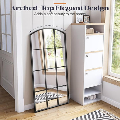 Arched Window Mirror, 24" x 48" Black Window Mirrors for Wall, Tall Farmhouse Grid Mirror for Living Room Bedroom Dining Room Fireplace Hallway Mantle Entryway