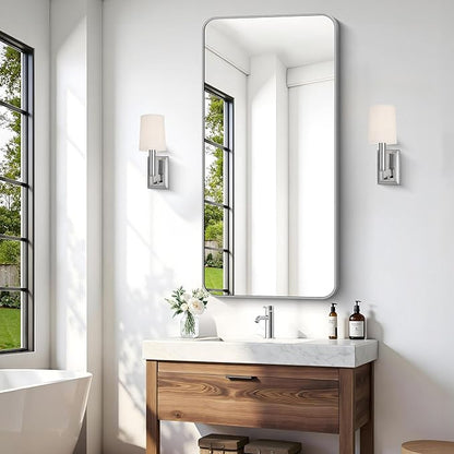 48x24 Inch Silver Bathroom Mirror, Metal Framed Silver Rectangle Mirror, Rounded Rectangular Vanity Mirror, Wall Mounted Mirrors for Living Room Bedroom Entryway Hangs Horizontal or Vertical