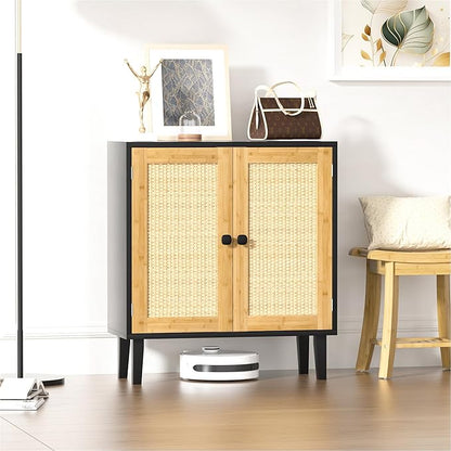 Bamboo Sideboard Buffet Cabinet with Rattan 2 Doors Kitchen Cupboard Accent Entryway Living Room Cabinet Black