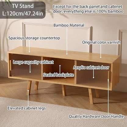 Bamboo TV Stand Entertainment Center- Mid-Century Modern Television Stand for 50 inch TVs, Bamboo Media Console Table, Open Storage Shelves for Living Room, Bedroom and Home Decor