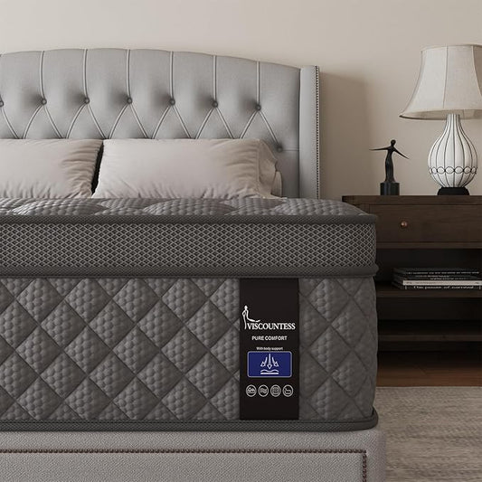 King Mattress, 14 Inch Hybrid Mattresses Grey Euro Top Medium Firm for Back & Lumbar Support, 100 Night Trial, Individual Pocket Spring Bed for Motion Isolation & Pressure Relief
