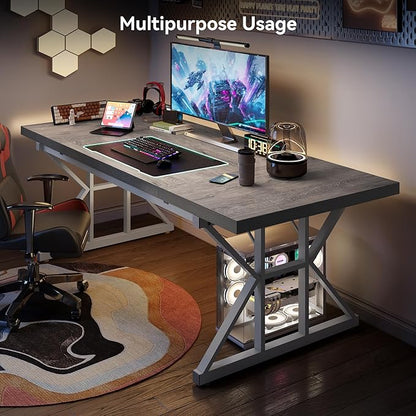 LITTLE TREE 70.8-Inch Large Executive Desk, Modern Computer Office Desk, Wooden Writing Desk Study Table for Home Office, Grey-White