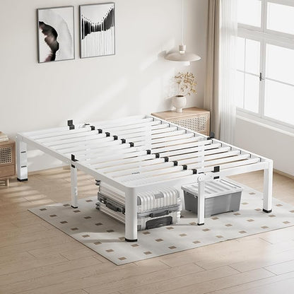 18 Inch Full Size White Bed Frame, 3500Lbs Heavy Duty Metal Platform with Round Corner Legs Mattress Slide Stopper, Steel Slat Support No Box Spring Needed, Noise Free, Non-Slip, Easy Assembly