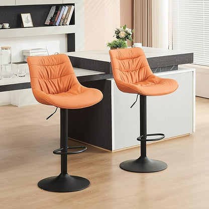 Kidol & Shellder Bar Stools Set of 2 Adjustable Swivel Orange, PU Leather Upholstered with Back, Modern Counter Height Stools for Kitchen Island, Home Bar