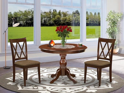 East West Furniture HBCL3-MAH-C 3 Piece Dinette Set for Small Spaces Contains a Round Dining Table with Pedestal and 2 Linen Fabric Dining Room Chairs, 42x42 Inch, Mahogany