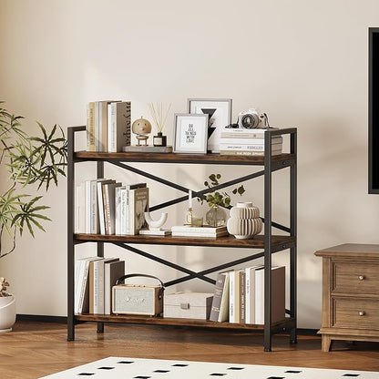 Homeiju 3 Tier Bookshelf 31.49" Width, Wood and Metal Etagere Bookcase, Vintage Farmhouse Modern Wooden Big Book Shelf for Home Living Room Bedroom Office Storage(Rustic Brown)