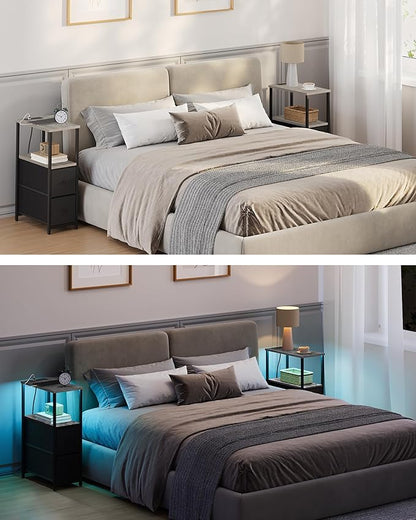 TUTOTAK Small Narrow LED End Table with Charging Station, Side Table Outlets, Nightstand with 2 Cloth Drawers, Set of 2, Couch Table, for Living Room, Bedroom, Bedside, Greige TB01BG056