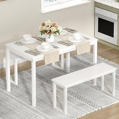 Soges Industrial Style White Dining Table Set for 4, 3 Piece Rectangular Wooden Table and Long Benches, Kitchen and Dining Room Set