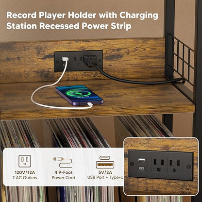 Record Player Stand with Charging Station, 3 Tier Turntable Stand with Storage Cabinet, Vinyl Storage End Table Hold Up to 200 Albums, Record Table for Vinyl, Living Room, 23.6" W x 15.7" D