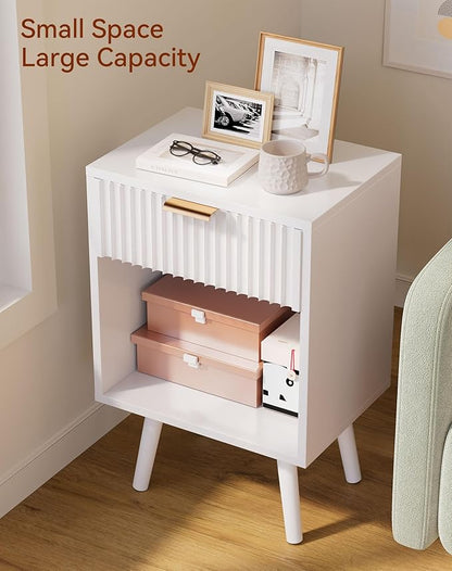 YMYNY Mid Century Modern Nightstand, Side Table, Fluted Night Stand with Drawer, Open Shelf Unit, Golden Handle, Solid Wood Legs, Bedside Table, for Bedroom, White UHST013W