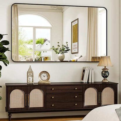 30 x 48 Inch Bathroom Mirror, Rounded Rectangular Vanity Mirror for Wall, Modern Mirror for Room Decor, Black Framed Wall-Mounted Mirrors for Home Decor, Hangs Horizontally or Vertically