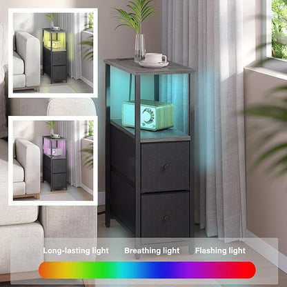 TUTOTAK Small Narrow LED End Table with Charging Station, Side Table Outlets, Nightstand with 2 Cloth Drawers, Set of 2, Couch Table, for Living Room, Bedroom, Bedside, Charcoal Grey TB01BY056