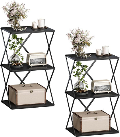 3-Tier End Table Set of 2 Small Side Table Tall Bedside Night Stand with Storage Sofa Side desks for Living Room Bedroom Office Bathroom Small Space, Black ET-03BK-2